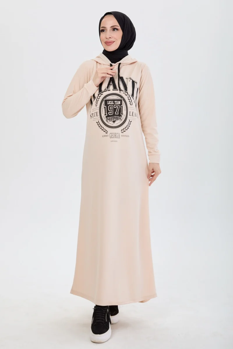Tofisa 13086-BEJ Front Printed Hooded Hijab Dress