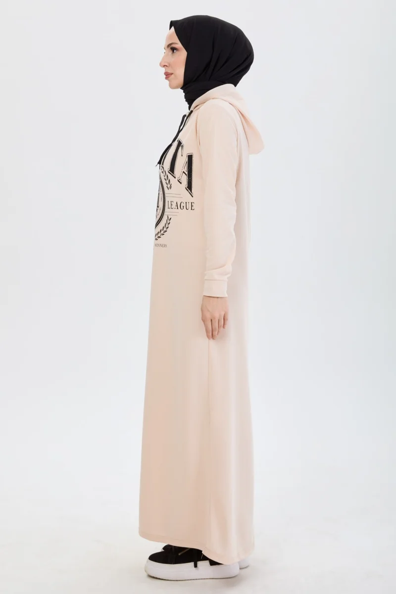 Tofisa 13086-BEJ Front Printed Hooded Hijab Dress