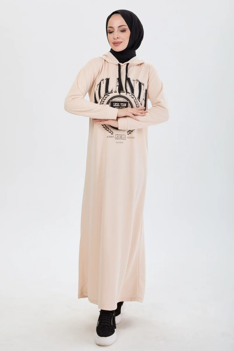 Tofisa 13086-BEJ Front Printed Hooded Hijab Dress