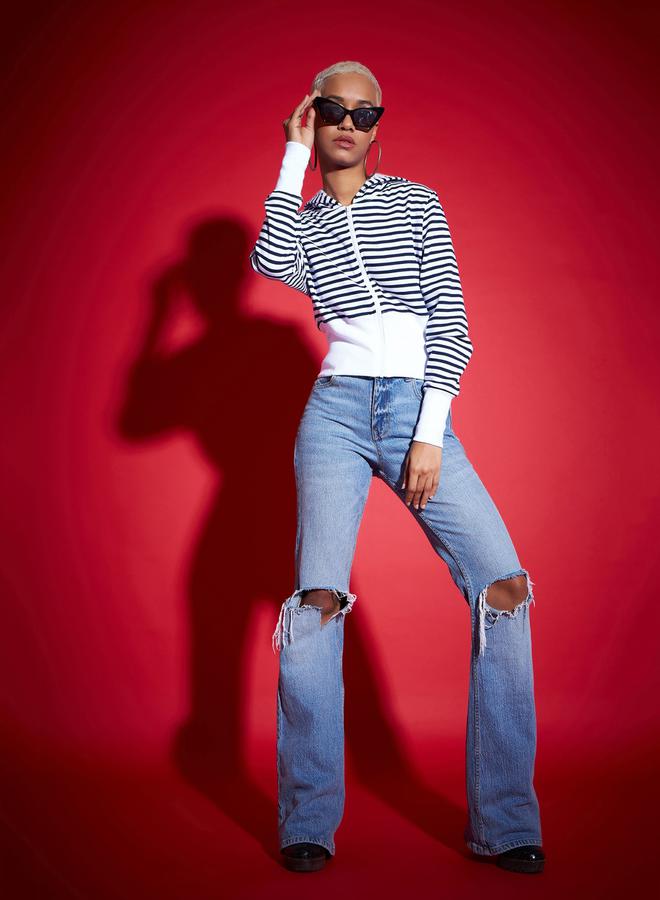 SASSAFRAS Striped Fleece Hooded Jacket with Contrast Hem - Image 2