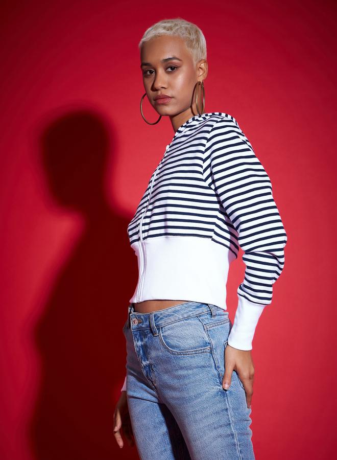 SASSAFRAS Striped Fleece Hooded Jacket with Contrast Hem - Image 3