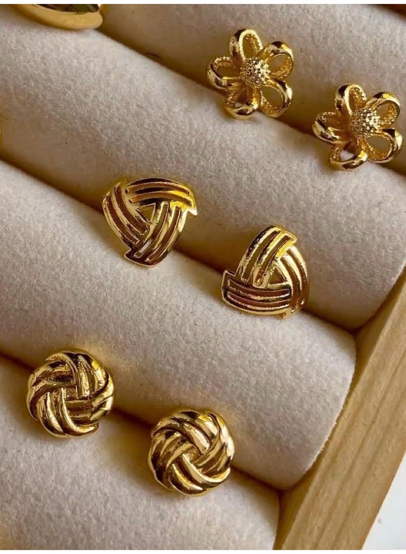 3-Pair Gold-Tone Stud Earrings Set – Elegant Floral, Geometric Triangle, and Classic Knot Designs