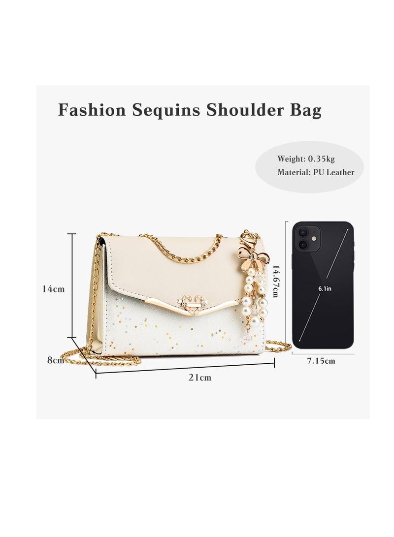 Excefore Elegant Shoulder Bag for Women, PU Leather Handbag, Sequin Crossbody Bag, Messenger Bag Ladies, Trendy Top-handle Bag, Fashion Ladies Shoulder Bag for Pearl Pendant, Beige - Image 2