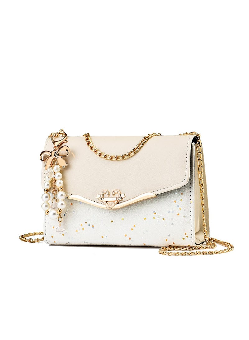 Excefore Elegant Shoulder Bag for Women, PU Leather Handbag, Sequin Crossbody Bag, Messenger Bag Ladies, Trendy Top-handle Bag, Fashion Ladies Shoulder Bag for Pearl Pendant, Beige - Image 1