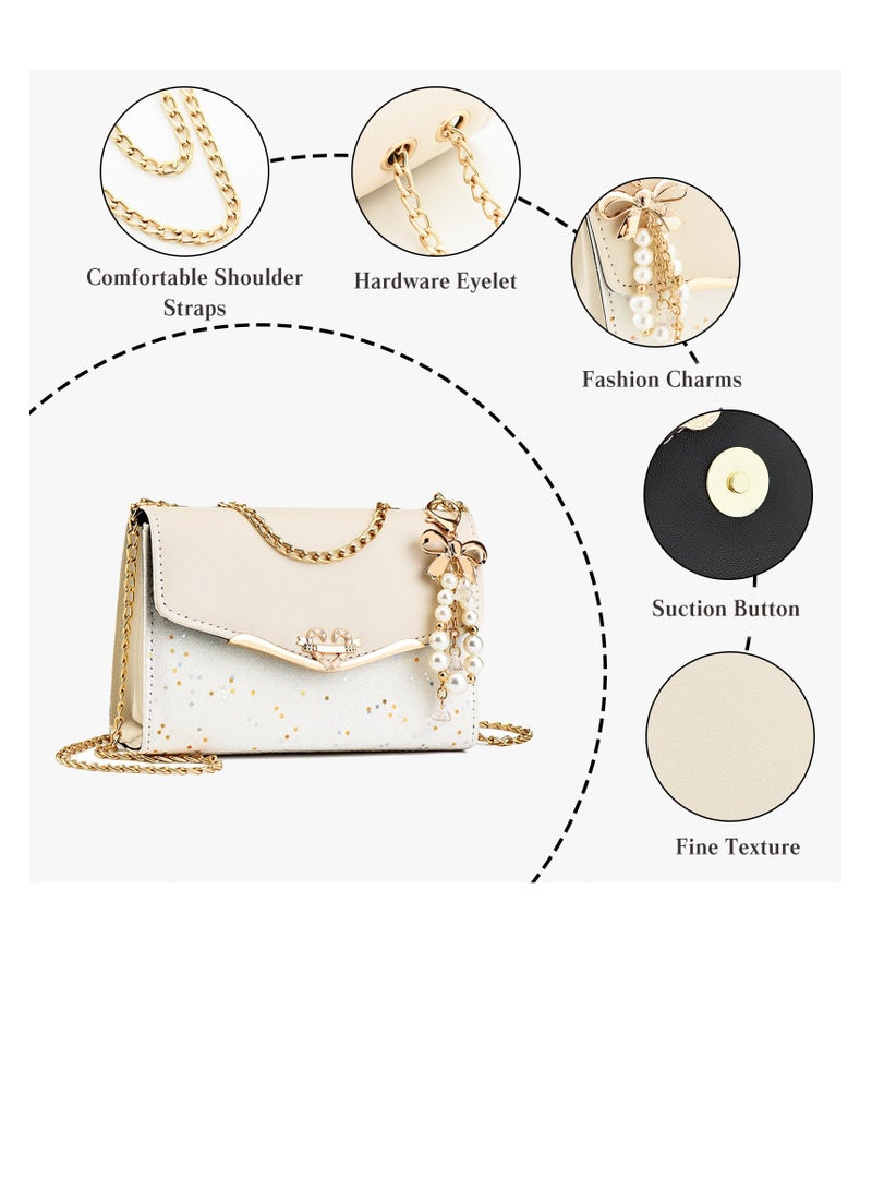 Excefore Elegant Shoulder Bag for Women, PU Leather Handbag, Sequin Crossbody Bag, Messenger Bag Ladies, Trendy Top-handle Bag, Fashion Ladies Shoulder Bag for Pearl Pendant, Beige - Image 4