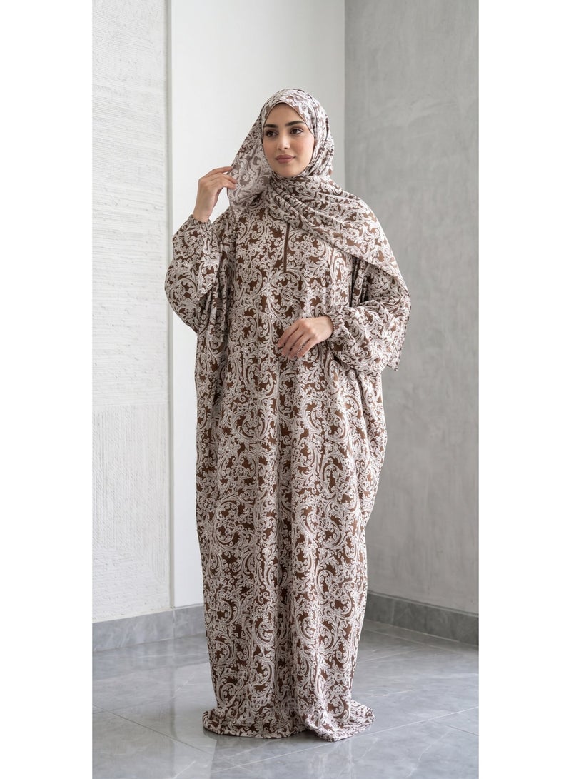 شرشف صلاة نسائي منقوش، مع سحاب وطرحة متصلة - Image 1