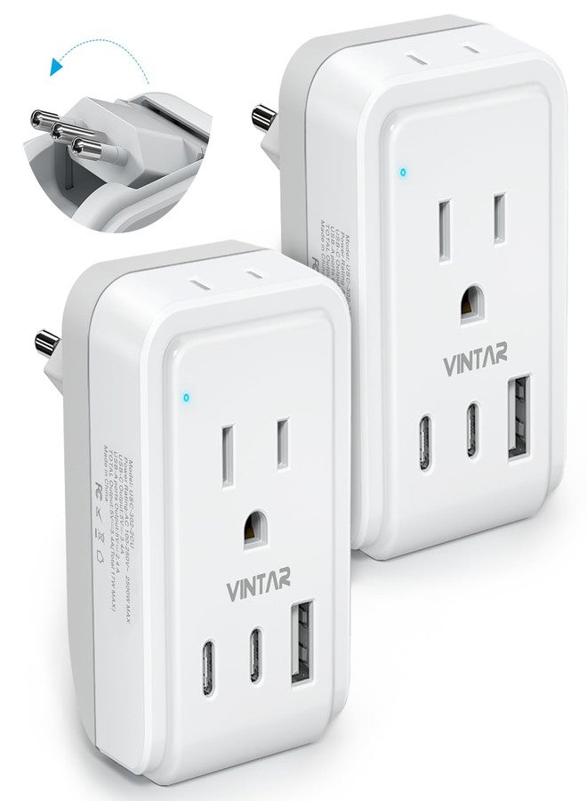 VINTAR محول سفر إيطاليا 2 حزمة، محول طاقة إيطالي قابل للطي VINTAR مع 3 منافذ USB (2 USB C) و 2 مخرج أمريكي، محول نوع L ثلاثي الشوكات مؤرض للولايات المتحدة إلى إيطاليا روما أوروغواي تشيلي - Image 1