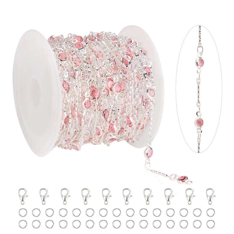KYUNHOO 16.4 Feet Pink Rhinestone Bead Jewelry Chain Roll Stick Links Silver Chains for Jewelry Making with Connectors DIY Handcrafts - Image 1