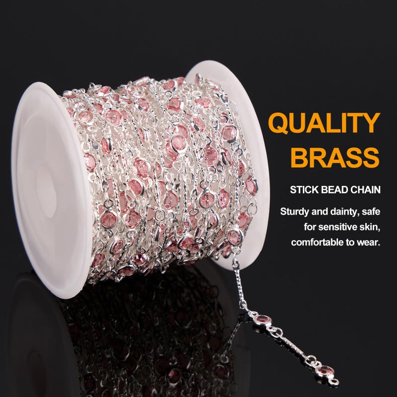 KYUNHOO 16.4 Feet Pink Rhinestone Bead Jewelry Chain Roll Stick Links Silver Chains for Jewelry Making with Connectors DIY Handcrafts - Image 3