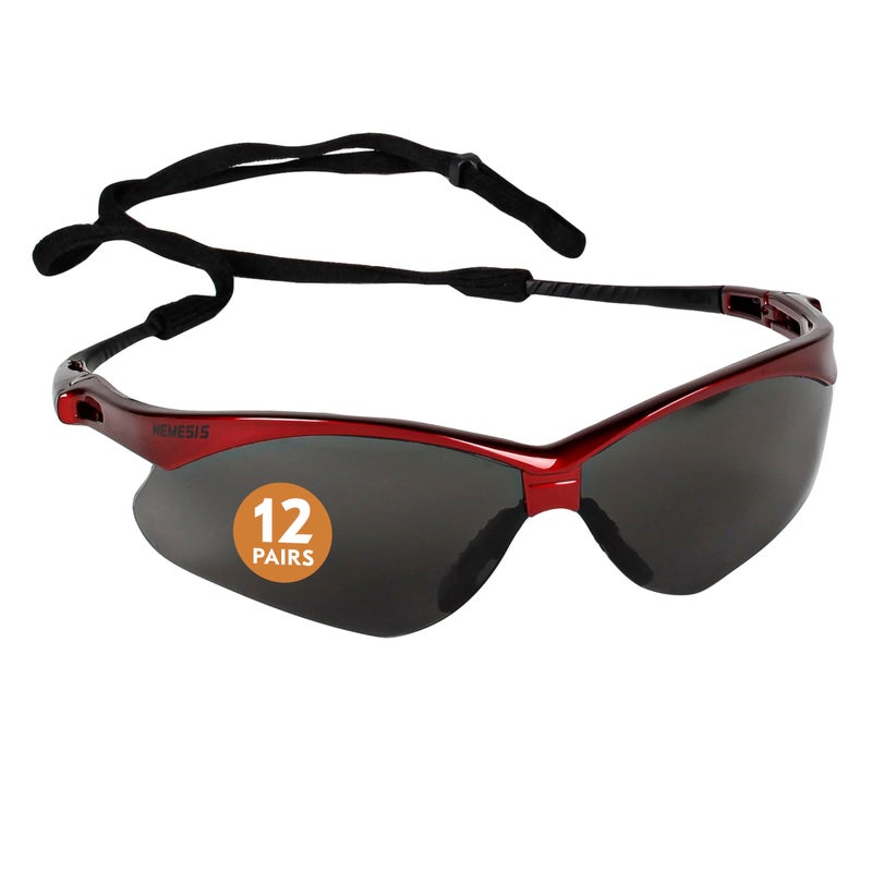 KleenGuard V30 Nemesis Safety Glasses (22611), Smoke Anti-Fog Lens, Red Frame, 12 Pairs / Case - Image 1