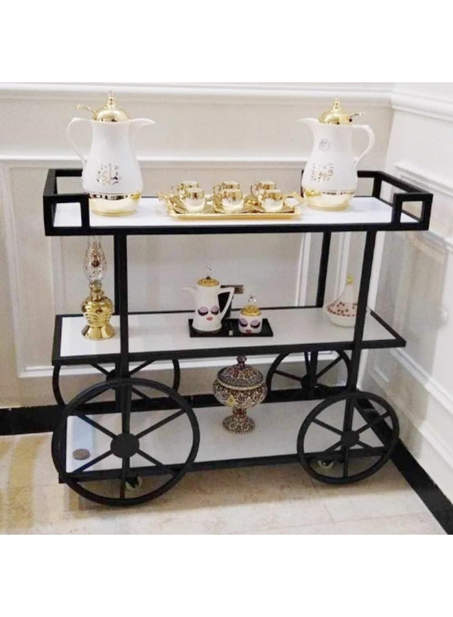HOME TASTE Hometaste Luxury Metal And White Marble Serving Trolley Elegant Bar Cart For Home And Hospitality Stylish Design, Secure Wheels, Premium 3Tier Storage Stright Shlves Trolley, Small 