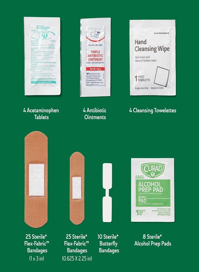 Curad Compact First Aid Kit with Over-The-Counter Medicine, Flex-Fabric and Butterfly Bandages, Antibiotic Ointment, Cleansing Towelettes, Alcohol Prep Pads, Acetaminophen, Carry Case, 80 Count - Image 4