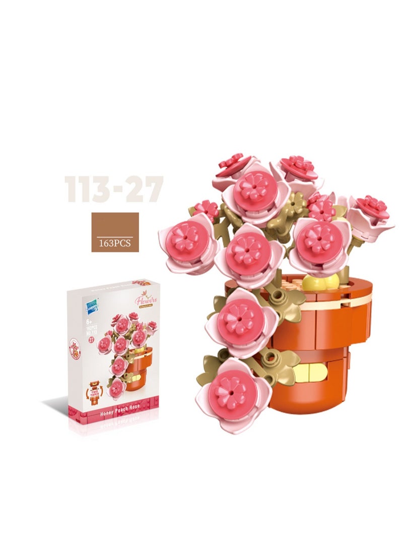 DIY Mini Flower Pot Plant Building Block Toys, Colorful and Cute Small Bonsai Plant Basket, Creative Plant Series Home Office Decoration Desktop Accessories Birthday Gift(Peach Rose 163pcs)  - Image 1