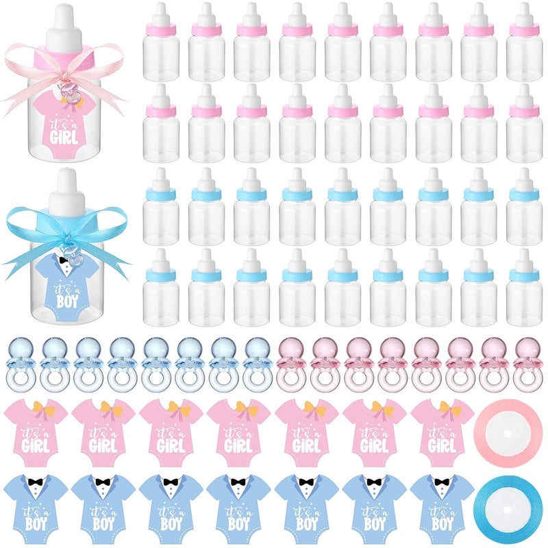 Fumete 162 Pcs Gender Reveal Baby Shower Favors 48 Mini Milk Bottles Plastic Baby Candy Bottle 48 Mini Pacifiers Tiny Plastic Pacifiers 64 Pcs It's a Boy Girl Gender Reveal Stickers 2 Roll Ribbon - Image 1