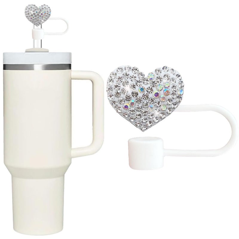 Wentoenapp Bling Hearts Straw Covers Cap for Stanley Cup, Bling Diamond Rhinestone, 10mm Silicone Toppers, Straw Topper Compatible for Stanley 30&40 Oz Tumbler with Handle, Reusable Straws (Silver) - Image 1