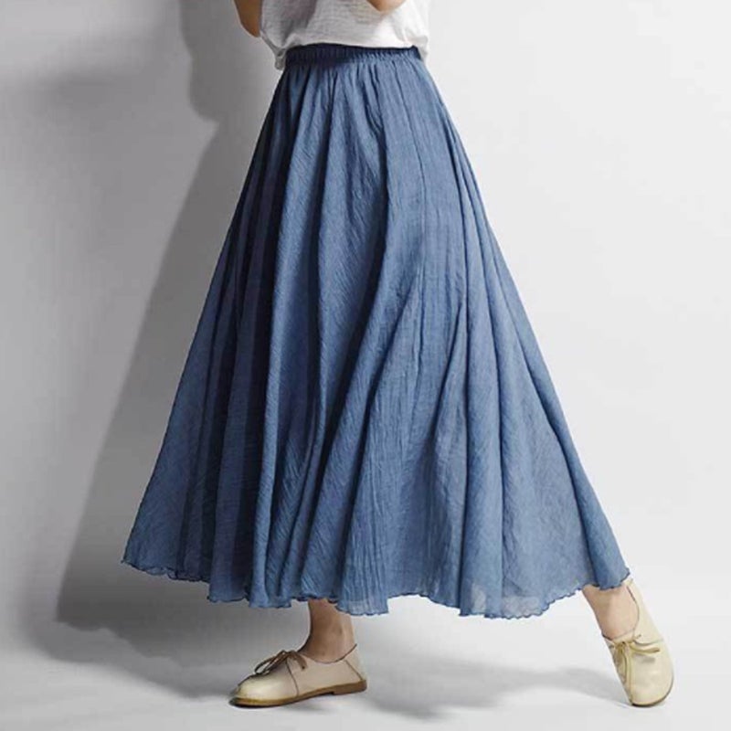 Kafeimali Women Bohemian Cotton Linen Double Layer Elastic Waist Long Maxi Skirt (Navy Blue, 85CM-Length) - Image 3