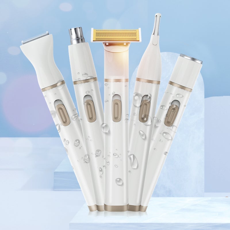 Electric shaver female bikini trimmer, female shaver USB rechargeable eyebrow trimmer nose hair instrument 5 in 1 multifunctional electric shaver for face legs eyebrows nose removable head - Image 1