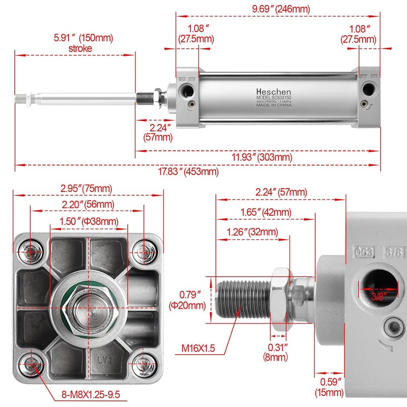 Heschen Pneumatic Standard Air Cylinder, SC 63-150, PT3/8'' Port, 63mm Bore, 150mm Stroke, Screwed Piston Rod Dual Action for Machinery Industry - Image 2