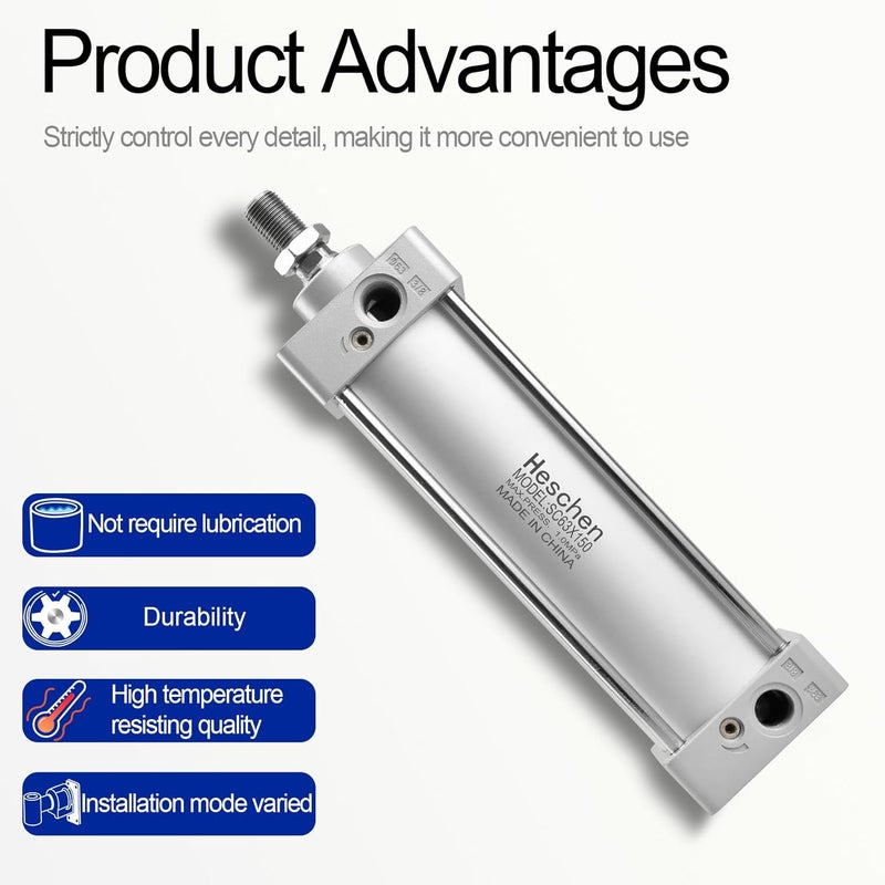 Heschen Pneumatic Standard Air Cylinder, SC 63-150, PT3/8'' Port, 63mm Bore, 150mm Stroke, Screwed Piston Rod Dual Action for Machinery Industry - Image 4