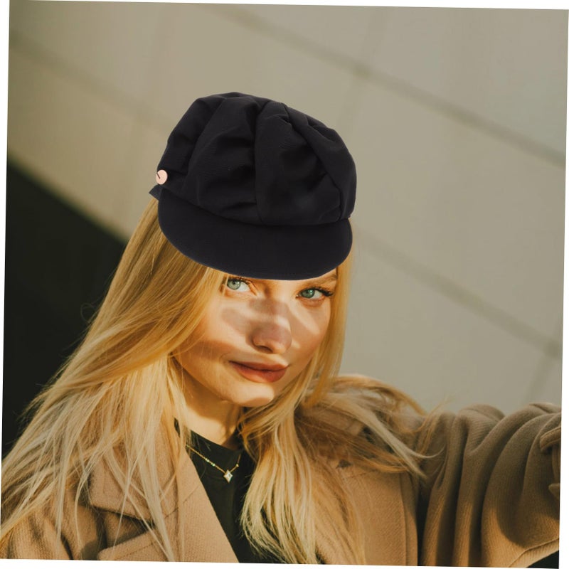 Womens Octagonal Beret Hat Warm Winter Cap Minimalist Black - Image 4