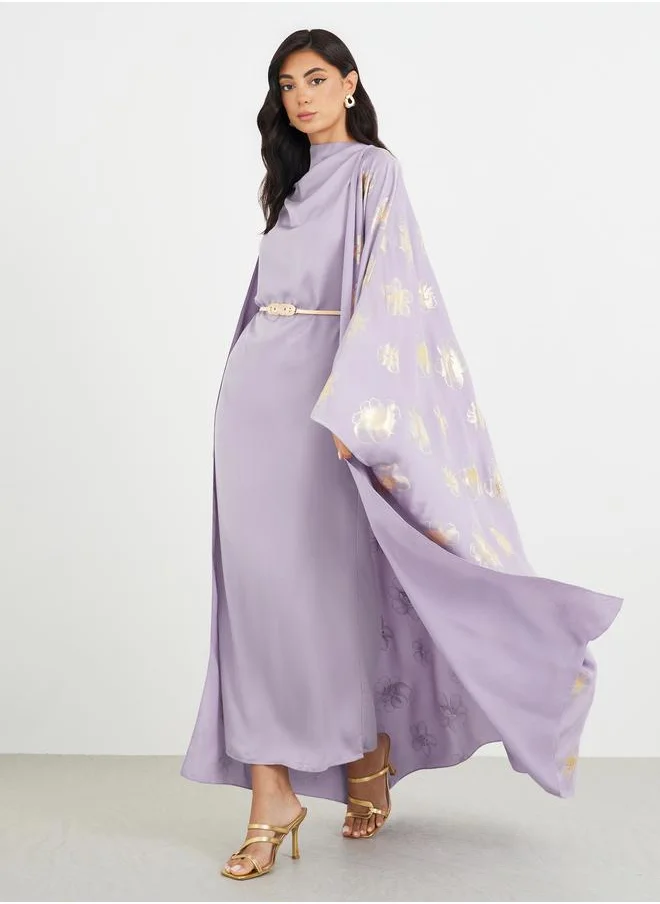 Amirah Amirah Satin Foil Print Abaya and Cowl Neck Dress with Belt Set