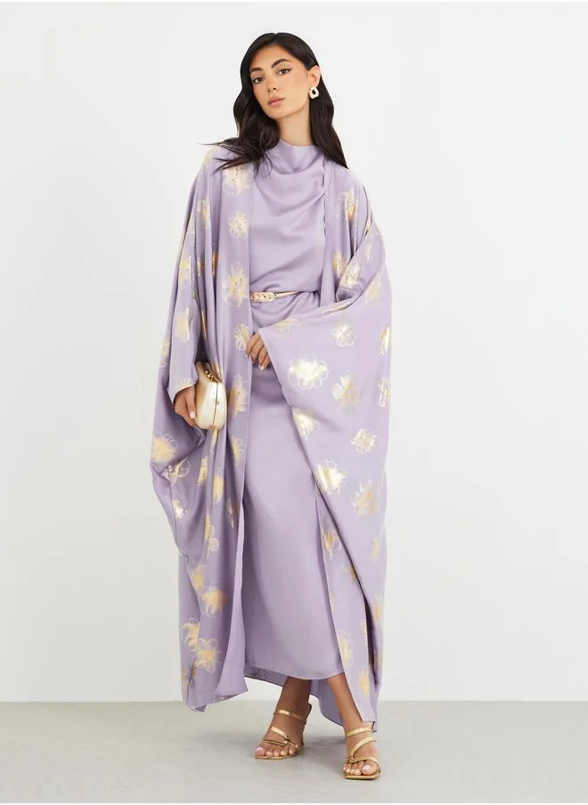 Amirah Amirah Satin Foil Print Abaya and Cowl Neck Dress with Belt Set