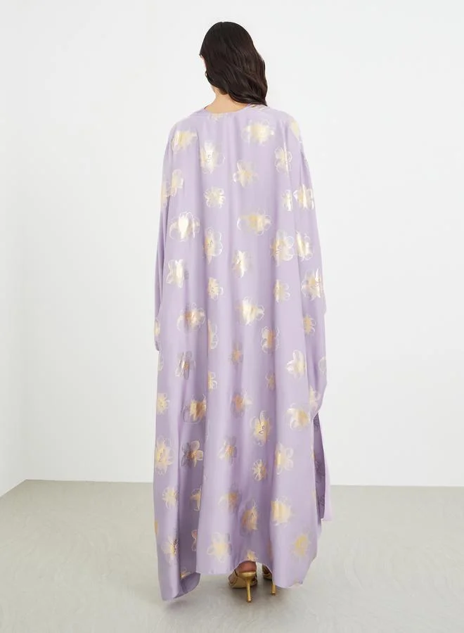 Amirah Amirah Satin Foil Print Abaya and Cowl Neck Dress with Belt Set