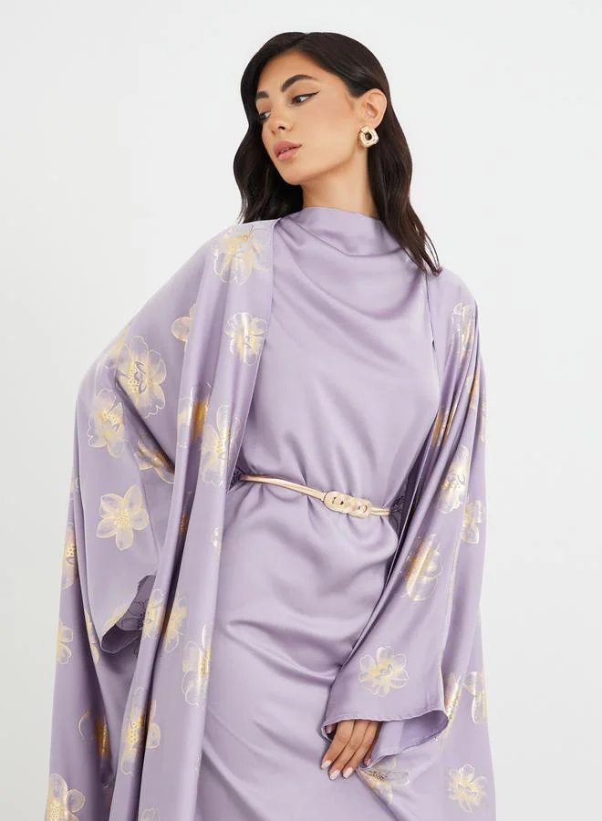 Amirah Amirah Satin Foil Print Abaya and Cowl Neck Dress with Belt Set