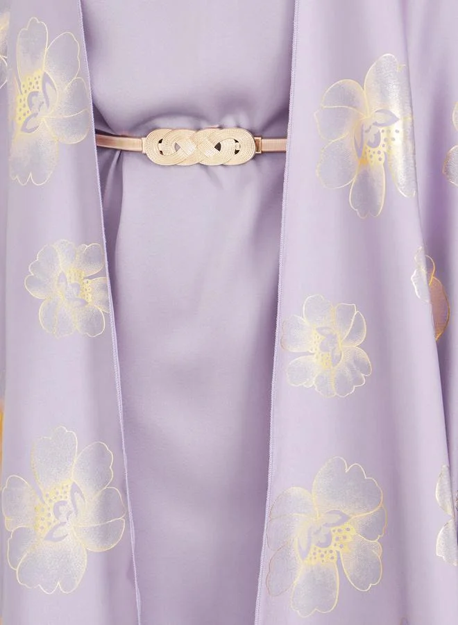 Amirah Amirah Satin Foil Print Abaya and Cowl Neck Dress with Belt Set