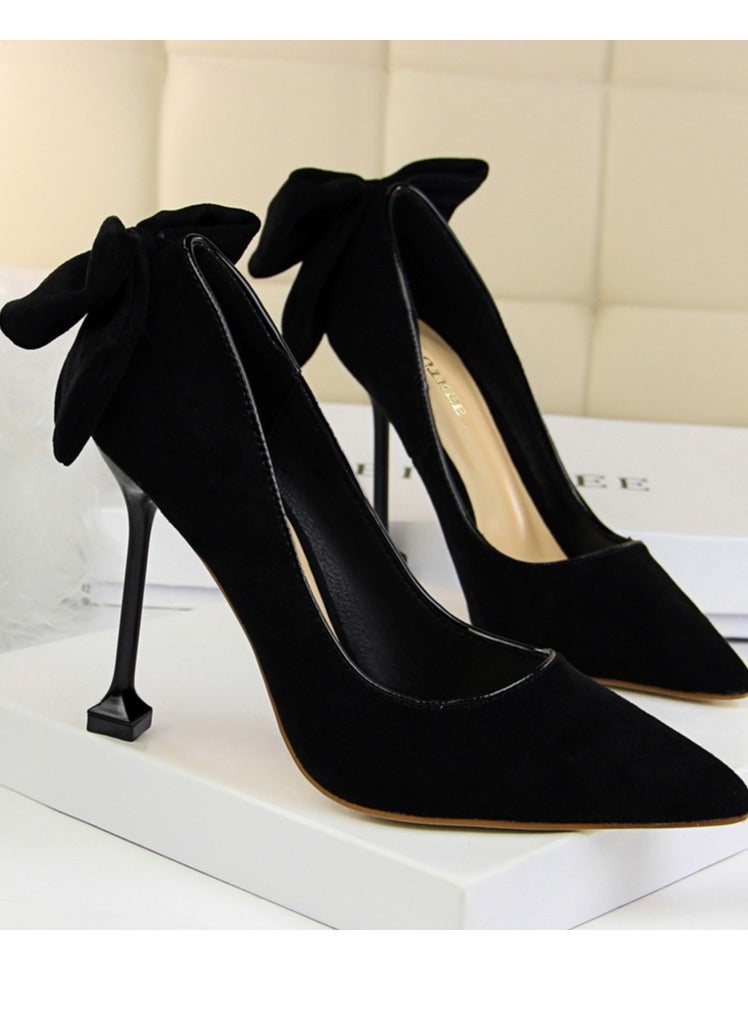 بيج تري Women's Elegant Velour Stiletto Pumps With Bow Knot 9.5 CM Fashion Gorgeous Closed Pointed Toe Slip On Solid High Heels Black - Image 2