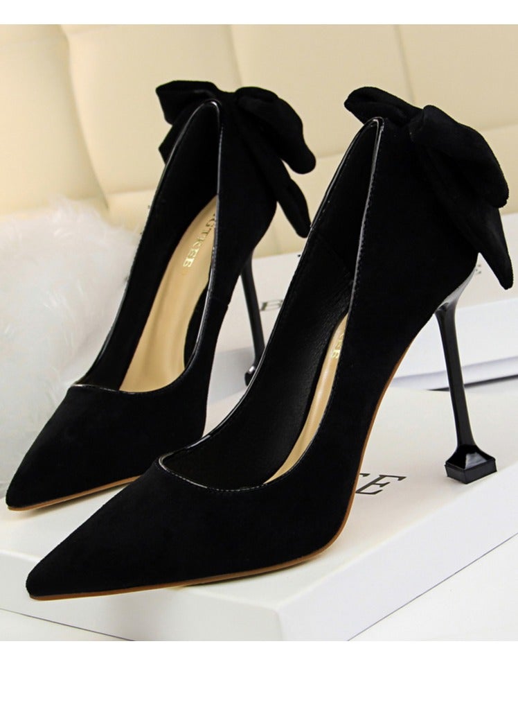 بيج تري Women's Elegant Velour Stiletto Pumps With Bow Knot 9.5 CM Fashion Gorgeous Closed Pointed Toe Slip On Solid High Heels Black - Image 1