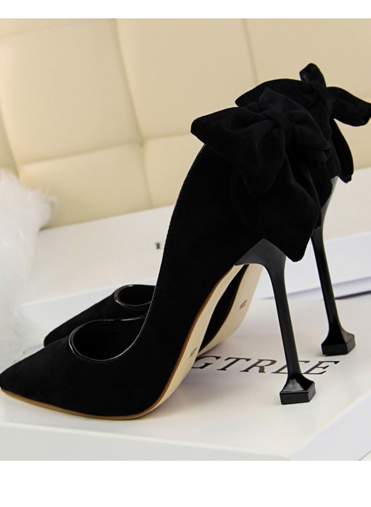 بيج تري Women's Elegant Velour Stiletto Pumps With Bow Knot 9.5 CM Fashion Gorgeous Closed Pointed Toe Slip On Solid High Heels Black - Image 3