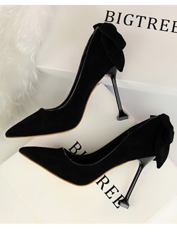بيج تري Women's Elegant Velour Stiletto Pumps With Bow Knot 9.5 CM Fashion Gorgeous Closed Pointed Toe Slip On Solid High Heels Black - Image 4