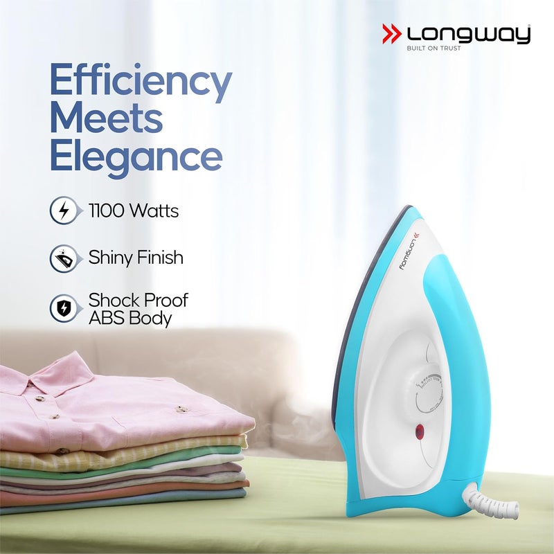 LONGWAY مكواة كود خفيفة الوزن غير لاصقة مطلية بتفلون، مكواة كهربائية للملابس (1100 واط، زرقاء) - Image 3
