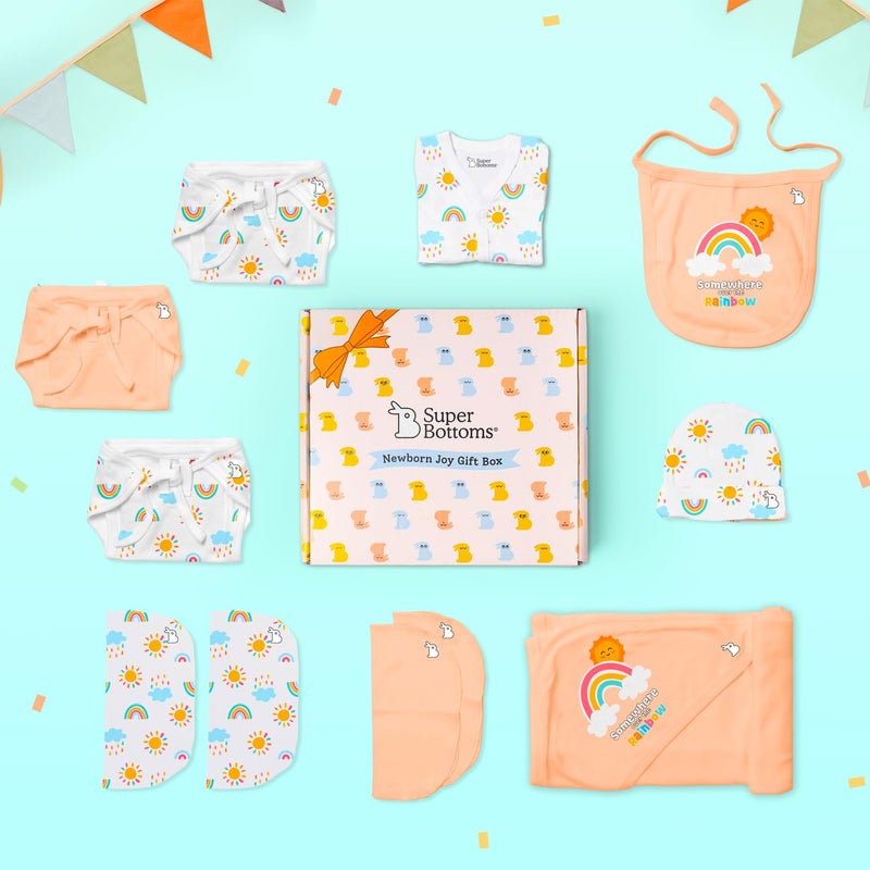 Superbottoms Baby Gift Set for New Born - Skin-Friendly Newborn Essentials - Ideal Gifts for Newborn Baby – Unisex Clothing - 0-3 Months – 11 Pieces Baby Gift Hamper (Peach) - Image 1