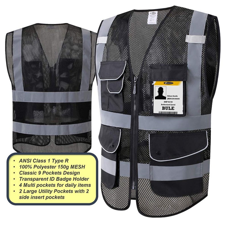 JKSafety 9 Pockets High Visibility Zipper Front Safety Vest With Reflective Strips,HQ Breathable Mesh, Oxford Fabric for pocket materials. Black Meets ANSI/ISEA Standards (XX-Large, 110-Black) - Image 2