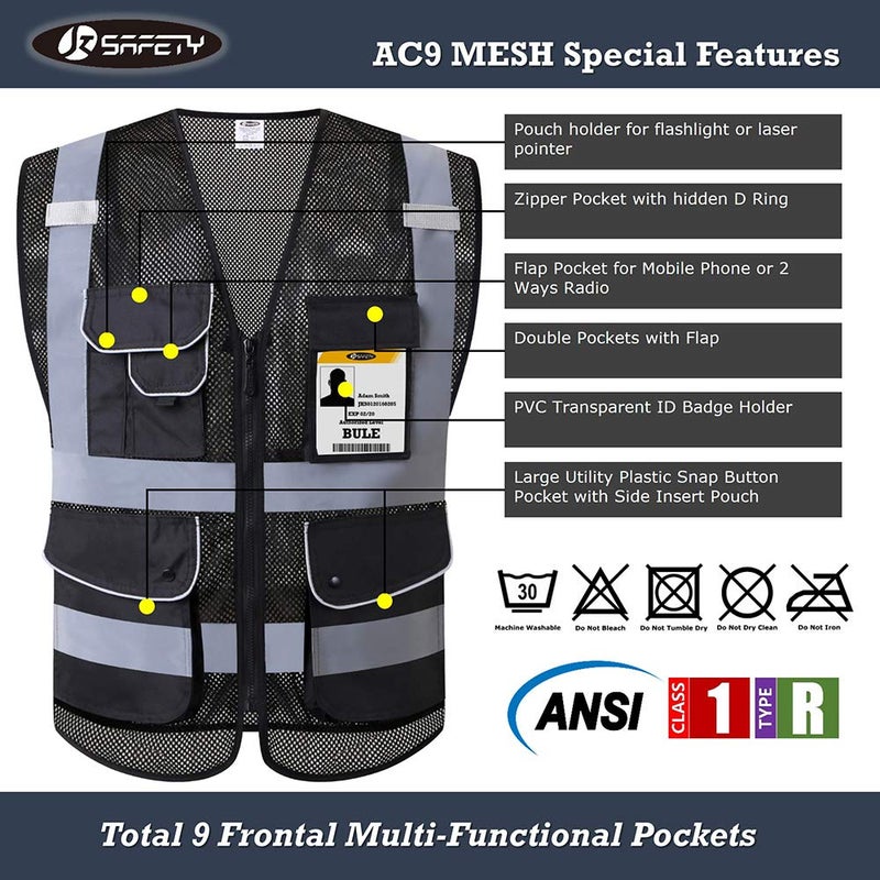 JKSafety 9 Pockets High Visibility Zipper Front Safety Vest With Reflective Strips,HQ Breathable Mesh, Oxford Fabric for pocket materials. Black Meets ANSI/ISEA Standards (XX-Large, 110-Black) - Image 3