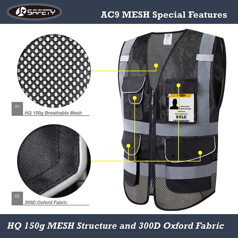 JKSafety 9 Pockets High Visibility Zipper Front Safety Vest With Reflective Strips,HQ Breathable Mesh, Oxford Fabric for pocket materials. Black Meets ANSI/ISEA Standards (XX-Large, 110-Black) - Image 5