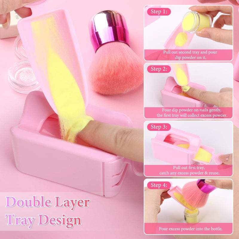 heemeei Dip Powder Recycling Tray System, Portable Nail Dip Powder Tray Kit with Nail Dust Brush, Glass Nail File, French Nail Art Manicure Essential Tool, Makeup Tool Glitter Saver - Image 3