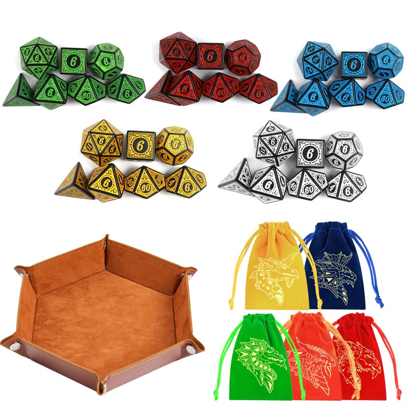 PUGED DND Dice Set 35 Pcs Polyhedral Dungeons and Dragons Rolling Dice for DD RPG MTG Table Games Dice Bulk with Colorful Drawstring Bags and Dice Tray Retro - Image 3