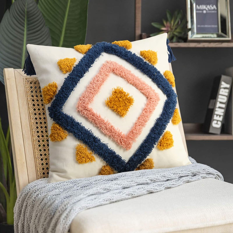 Merrycolor Boho Pillow Covers 20x20 Modern Geometric Diamond Boho Pillows Decorative Throw Pillow Cases Blue Pink Soft Woven Tufted Pillow Cushion for Couch Sofa Bedroom Living Room