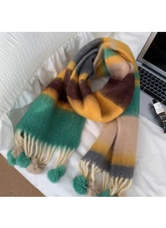 Striped Mohair Scarf Rainbow Tassel Shawl yellow-green fur ball