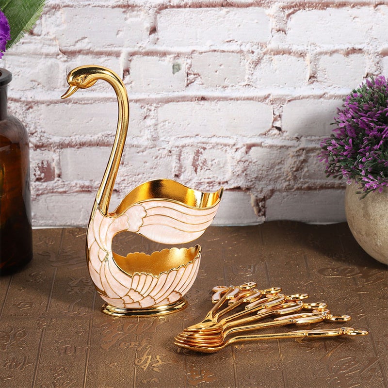 Coffee Dessert Spoon Set European Style Elegant Swan Fruit Scoop  Holder Decorative TablewareGold - Image 4