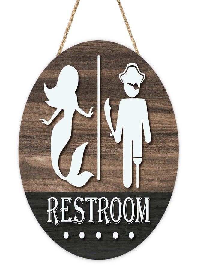 Bolisom Funny Restroom Front Door Sign, Nautical Pirate Mermaid Sign Wood Hanger Beach Ocean Ship Toilet Decor, Farmhouse Rustic Wooden Wreath Indoor Wall Hanging Home Washroom Decoration - Image 1