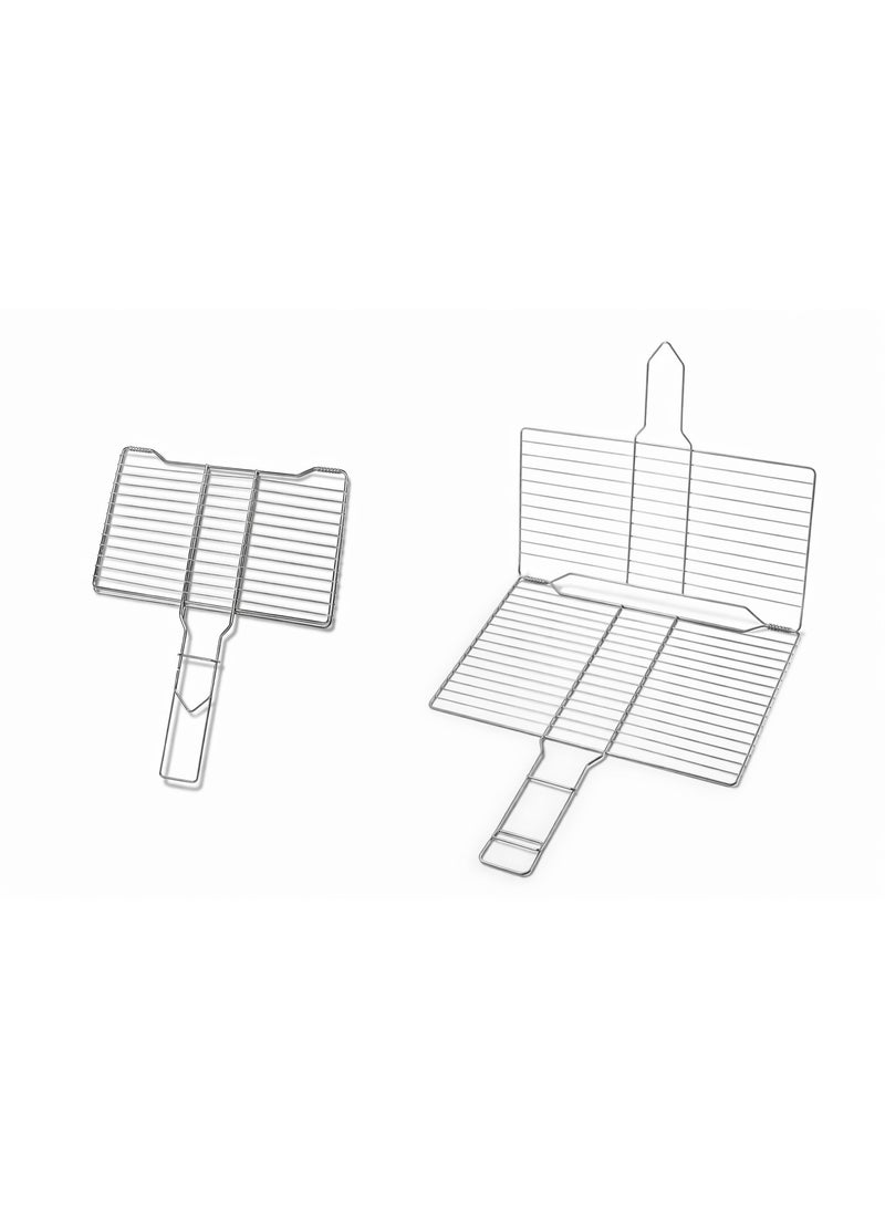 Foldable Metal BBQ Grill Basket Rack with Long Handle for Meat and Vegetables - Silver - Image 1