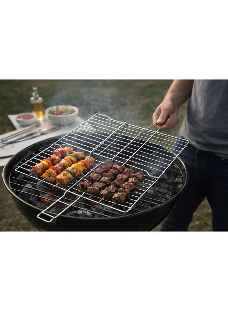 Foldable Metal BBQ Grill Basket Rack with Long Handle for Meat and Vegetables - Silver - Image 3