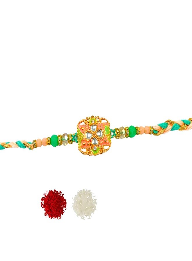 Sesonby Set Of 2 Bhai Bhabhi Rakhi With Roli Chawal Om Kundan Studded Moli Thread Rakhi For Brother kids boys and girls R#168-320 - Image 2