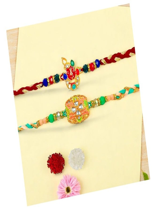 Sesonby Set Of 2 Bhai Bhabhi Rakhi With Roli Chawal Om Kundan Studded Moli Thread Rakhi For Brother kids boys and girls R#168-320 - Image 1