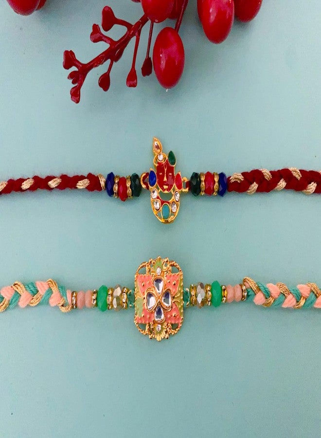 Sesonby Set Of 2 Bhai Bhabhi Rakhi With Roli Chawal Om Kundan Studded Moli Thread Rakhi For Brother kids boys and girls R#168-320 - Image 4