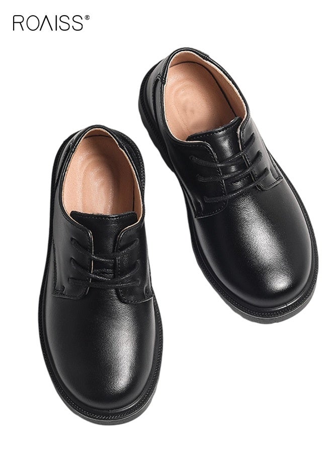 رويس أحذية جلدية أنيقة للأولاد، أحذية رسمية برباط ومقدمة مستديرة، أحذية مسطحة كلاسيكية على الطراز القديم للزي المدرسي، أحذية مريحة غير قابلة للانزلاق للأولاد، مناسبة للارتداء اليومي والرسمي - Image 1